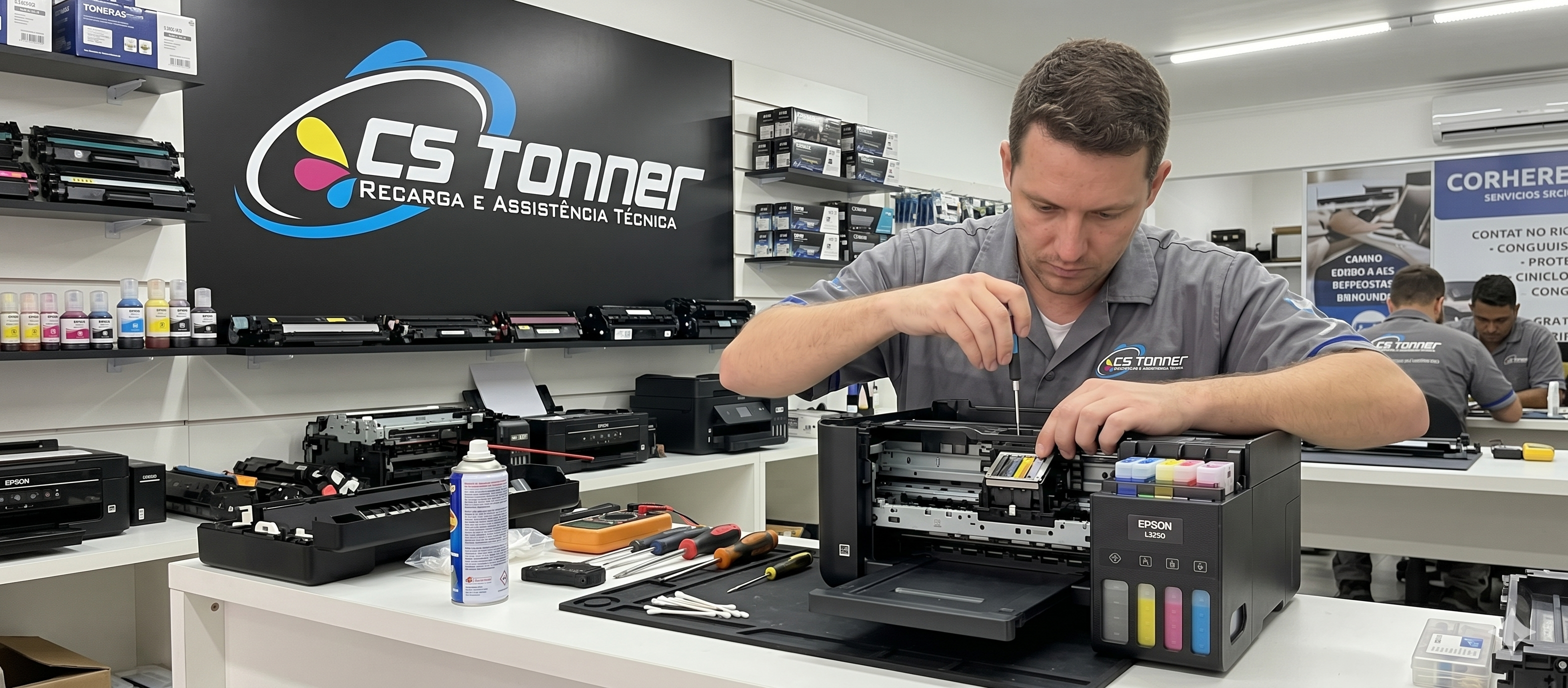 Técnico especializado realizando manutenção em impressora laser